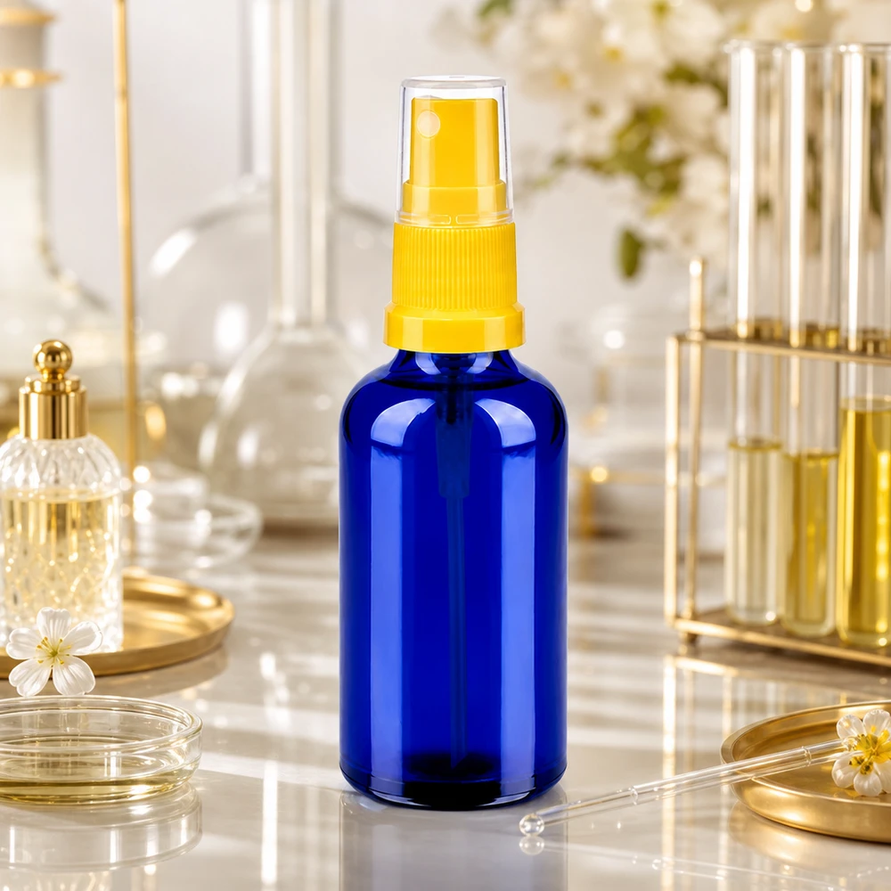 Frasco pulverizador de 50 ml amarillo/transparente con tapón estándar BlueLine UT18/50 Frasco pulverizador BlueLine de 50 ml con rosca UT18: perfecto para perfumes caseros y sprays ambientales