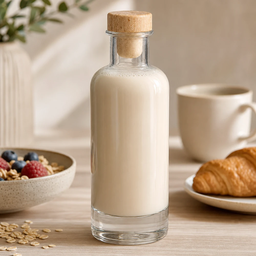 Botella de vidrio de 200 ml «Ella» con tapón de corcho con asa de madera UNiTWIST® Botella de cristal de 200 ml de Ella con tapón de madera llena de leche de avena en la mesa del desayuno con muesli y croissant