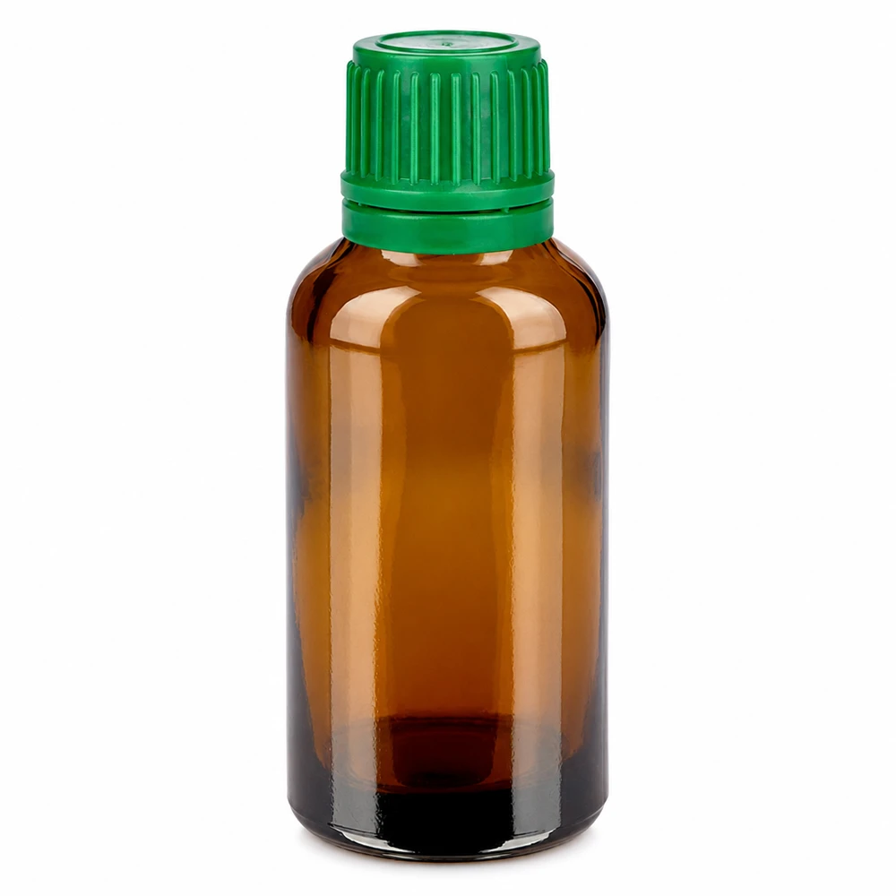 Frasco de vidrio marrón de 30 ml con tapón de rosca verde para aceites esenciales y medicamentos