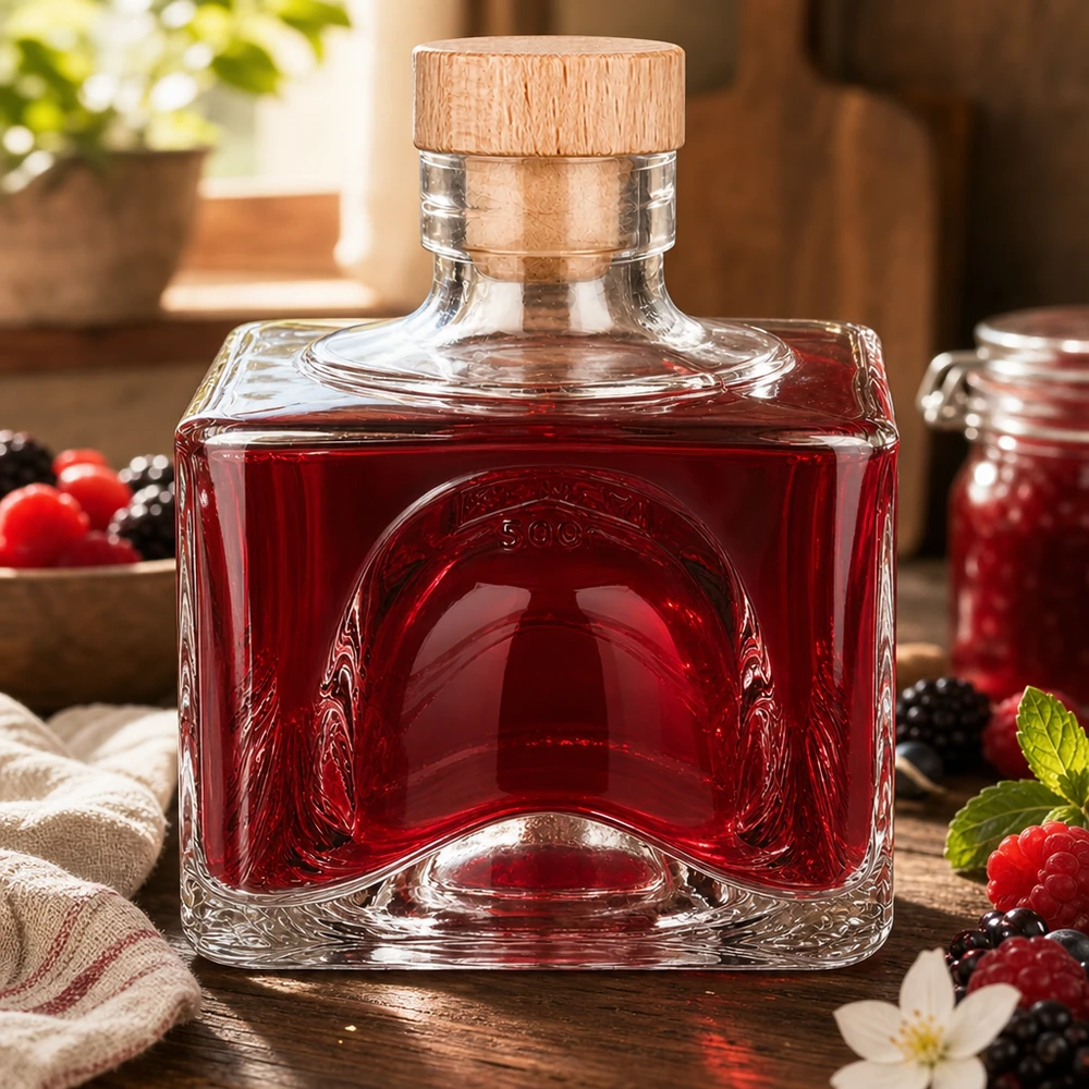 Glasflasche Bob 200ml mit Beerenlikör und Holzkorken, umgeben von frischen Beeren und Minze, dekorative Küchenflasche