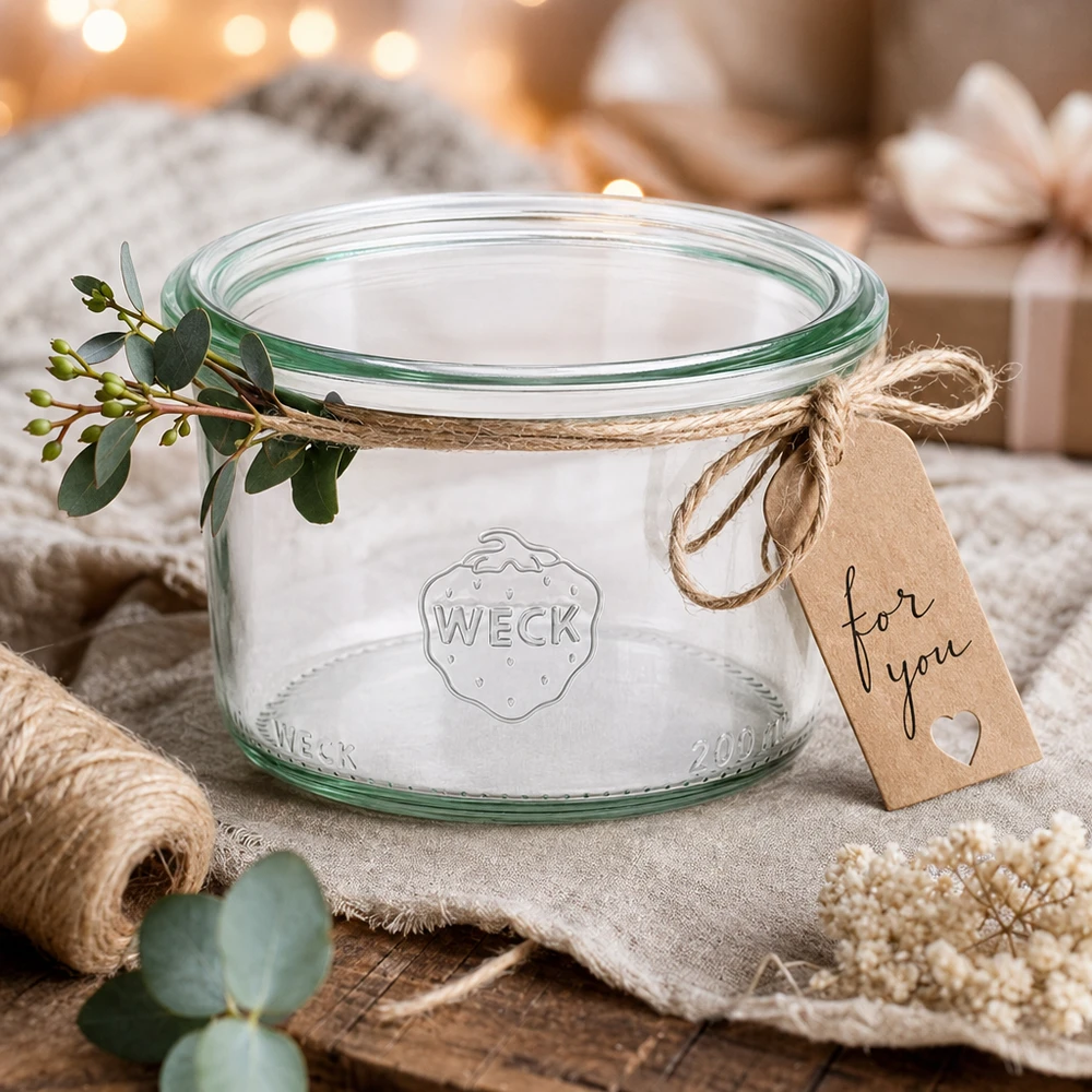 Vasos WECK 200ml RR80 con tapa, decorados con eucalipto y etiqueta de regalo sobre una mesa de madera rústica