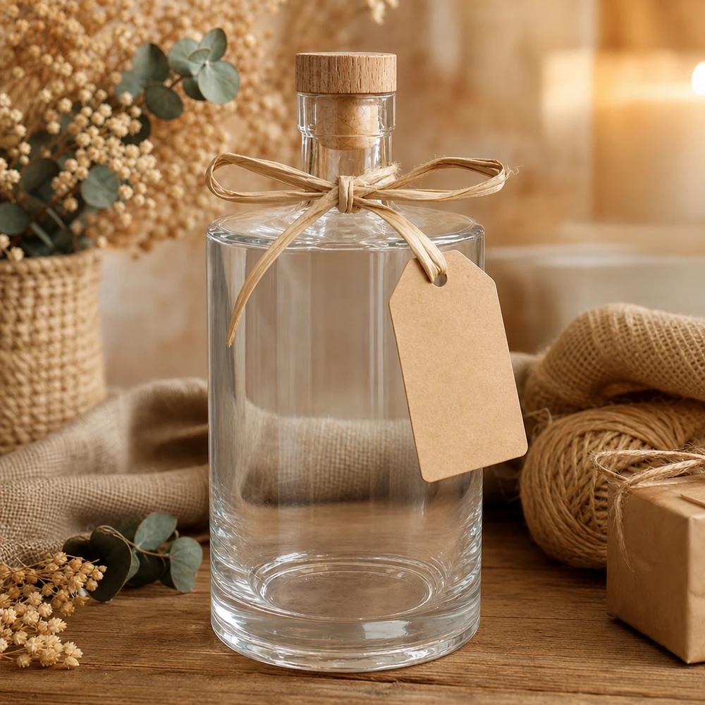 Botella de vidrio de 700 ml «Marie» con tapón de corcho con asa de madera UNiTWIST® 700ml Glasflasche Marie leer mit Holzkorken und Geschenkanhänger in gemütlicher Deko-Szene mit Jute und Blumen