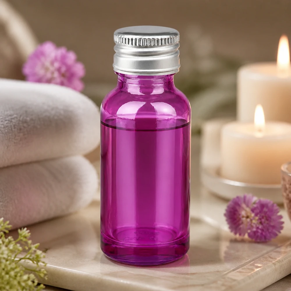 Frasco compacto violeta de 20 ml con tapa de aluminio estriada para una dosificación precisa de las esencias