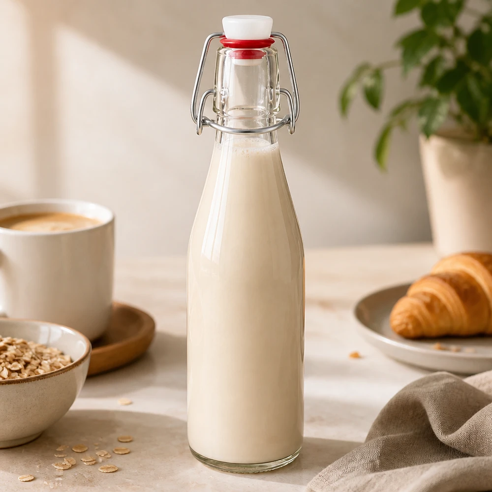 Botella de cristal de 250 ml con tapón oscilante llena de leche junto a copos de avena, taza de café y cruasán