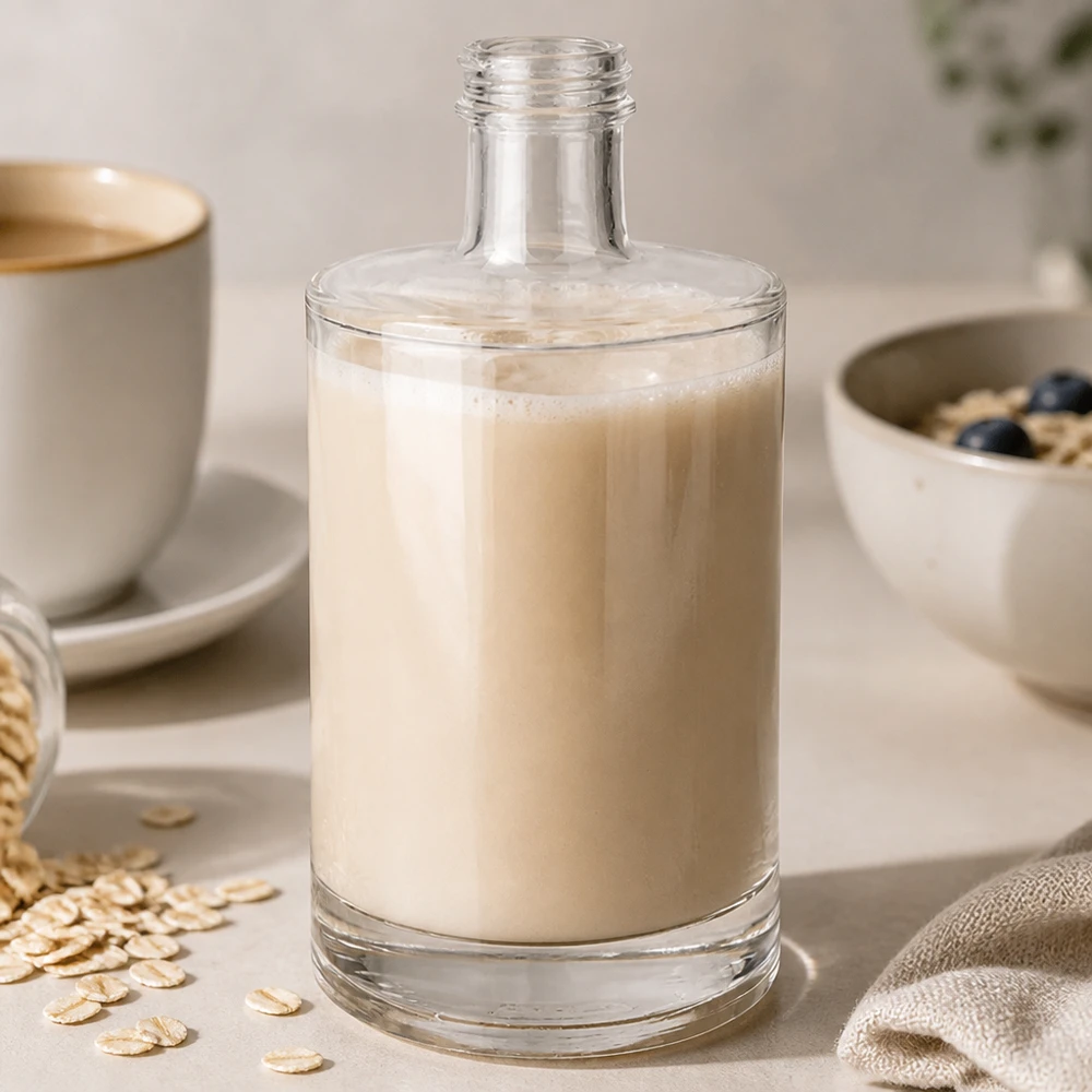 Botella de vidrio de 500 ml «Sam» sin tapón de rosca UNiTWIST® 500ml Glasflasche Sam mit Hafermilch befüllt neben Kaffeetasse und Haferflocken stylische Küchenszene morgendlicher Life
