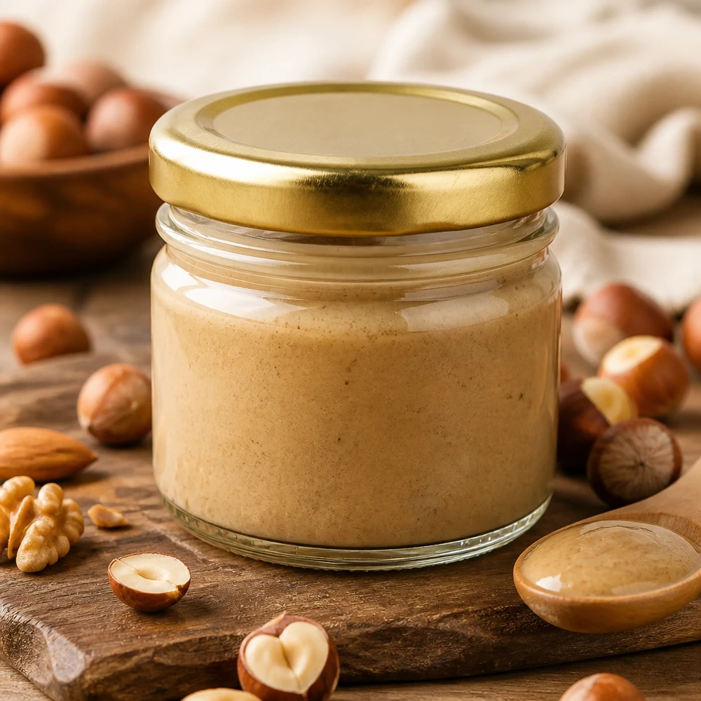 Frasco redondo de cristal de 33 ml + tapa BasicSeal dorada UNiTWIST Crema de frutos secos en un frasco redondo de cristal de 33 ml con tapa BasicSeal dorada, rodeada de avellanas y nueces
