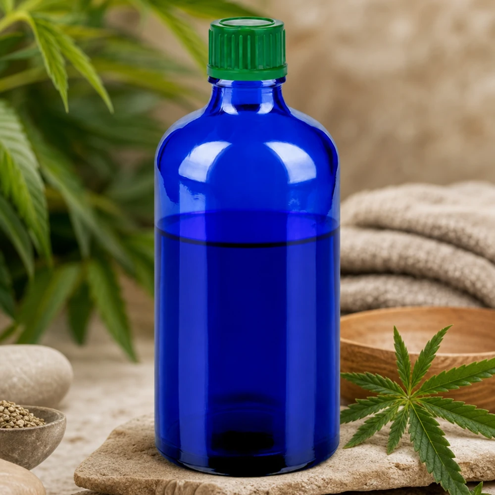 Botella de vidrio de alta calidad de 100 ml en elegante azul cobalto con práctica rosca de 11 mm