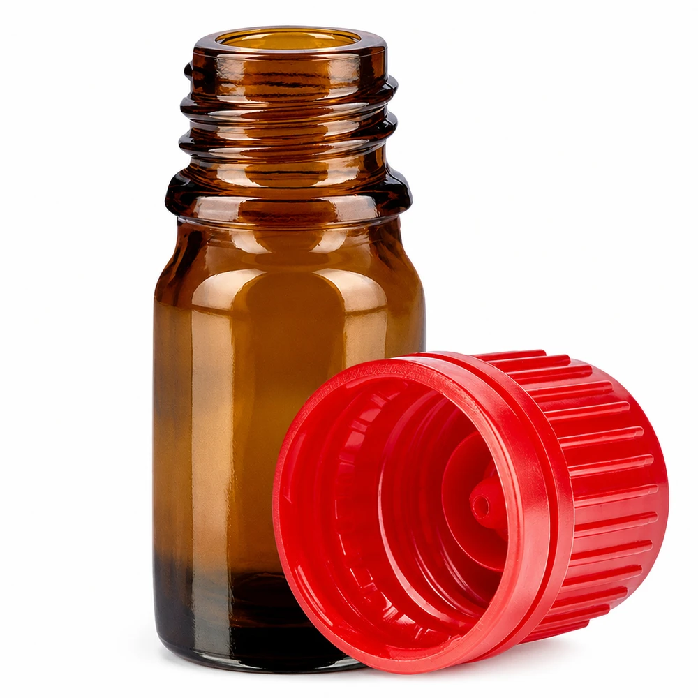 Botella 5ml tapón rosca 11mm rojo BrownLine UT18/5 Frasco de vidrio ámbar de 5 ml con tapón de rosca rojo abierto para cosméticos