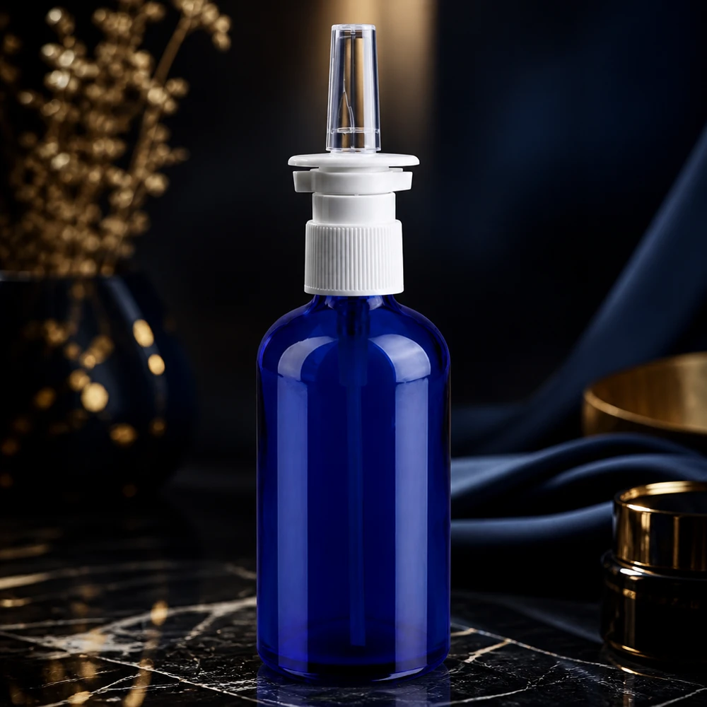Frasco spray nasal 100ml negro blanco/transparente tapón estándar BlueLine UT18/100 Frasco de vidrio médico de 100 ml con sistema de pulverización nasal preciso y tapón higiénico