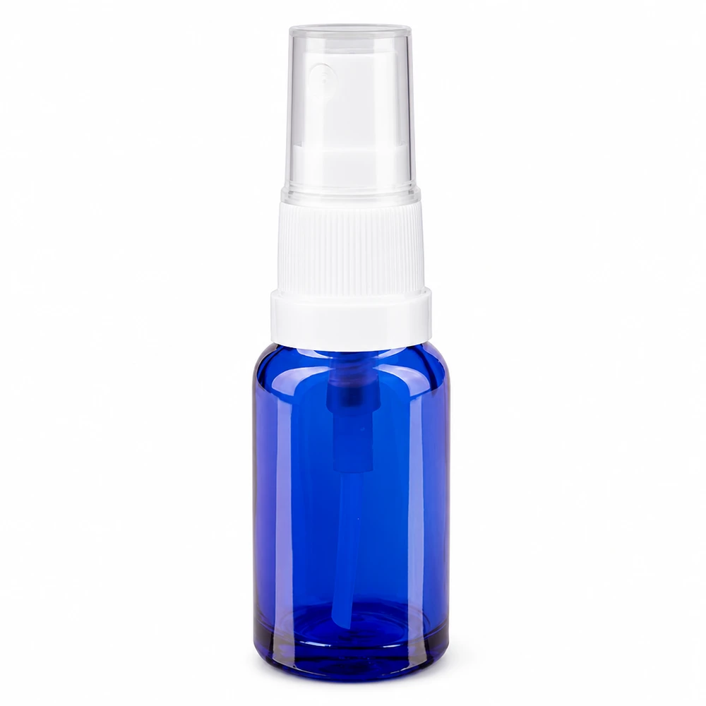 Frasco pulverizador de cristal azul de 10 ml con pulverizador blanco y tapón protector transparente para farmacias