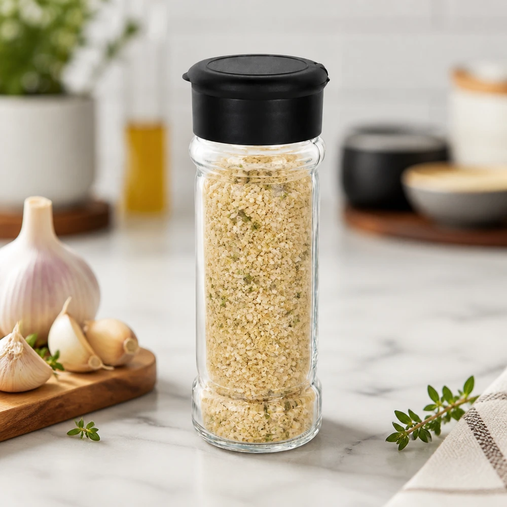 Frasco para especias de 100 ml lleno de sal de ajo, con un dosificador negro sobre una base de mármol