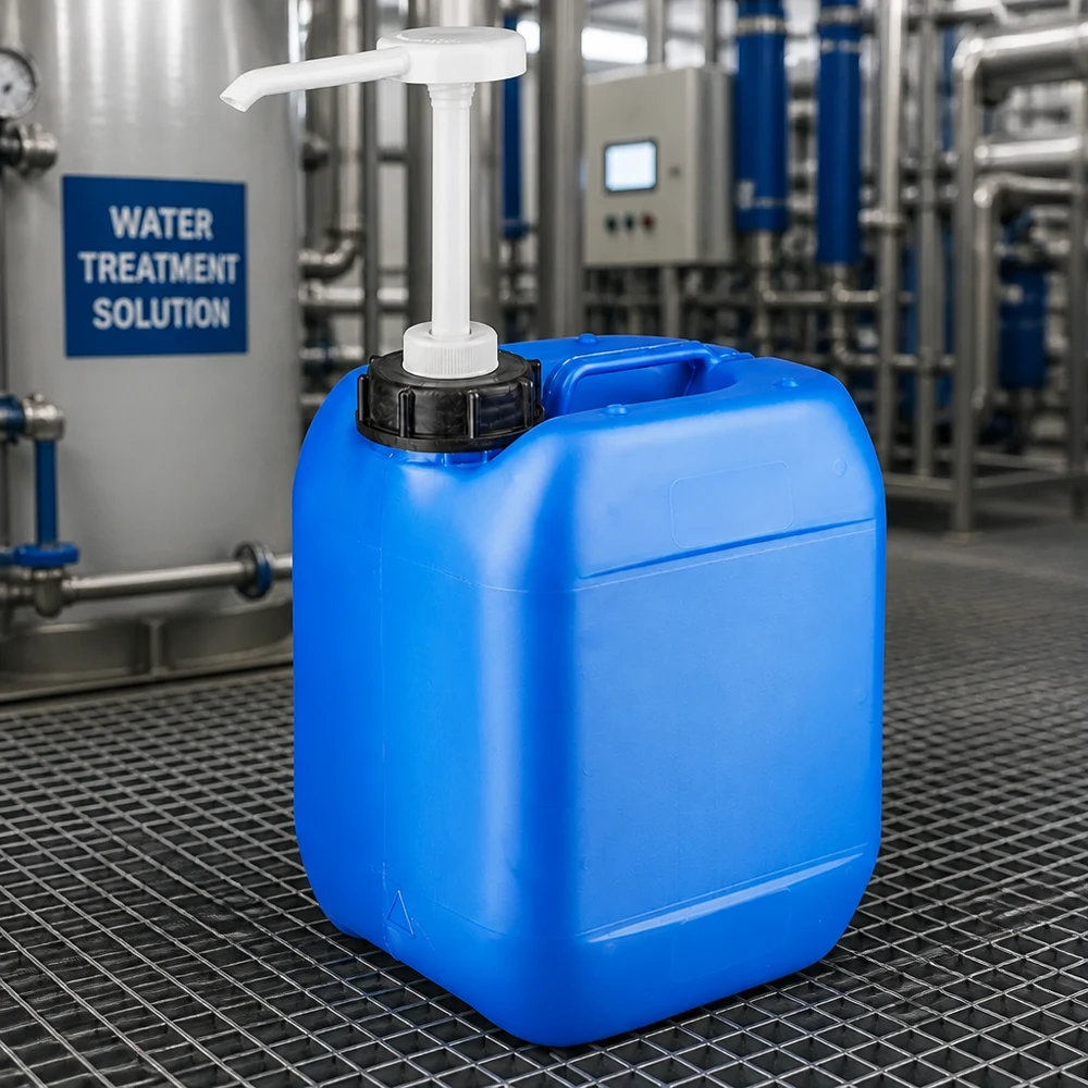 Bidón azul de HDPE de 5 litros con bomba dosificadora en una planta de tratamiento de agua