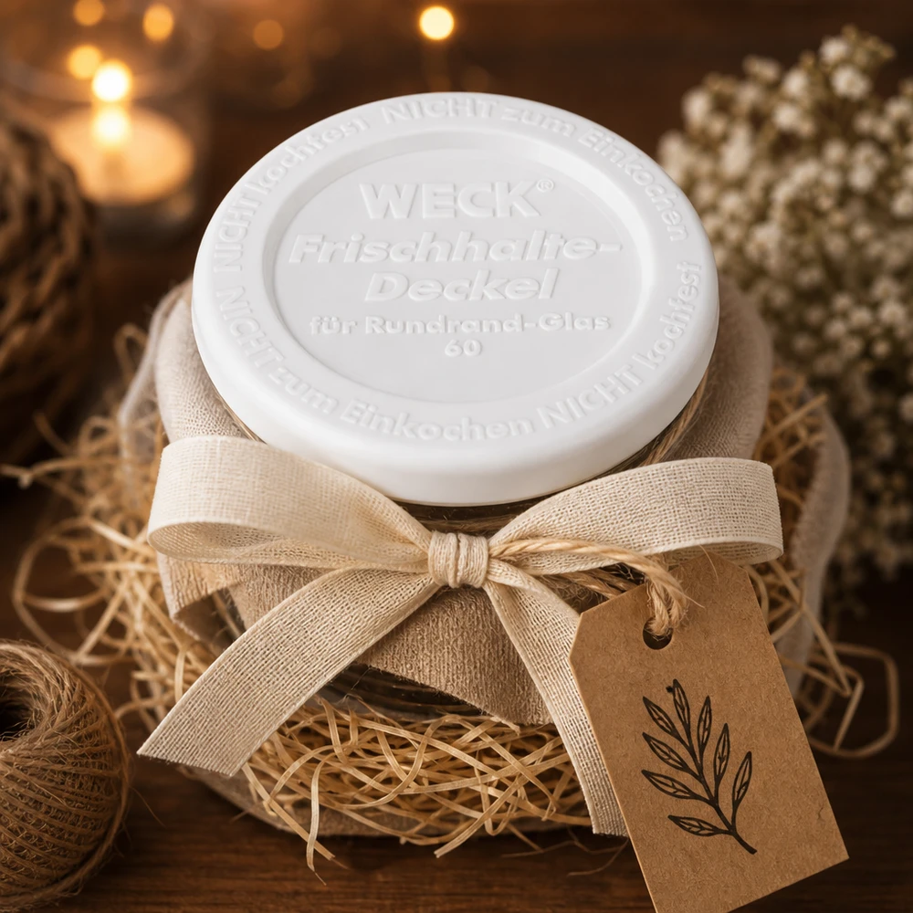 Tapa para conservas WECK RR60 WECK keep-fresh lid RR60 embalaje de regalo decoración rústica lazo de lino etiqueta de papel kraft Navidad