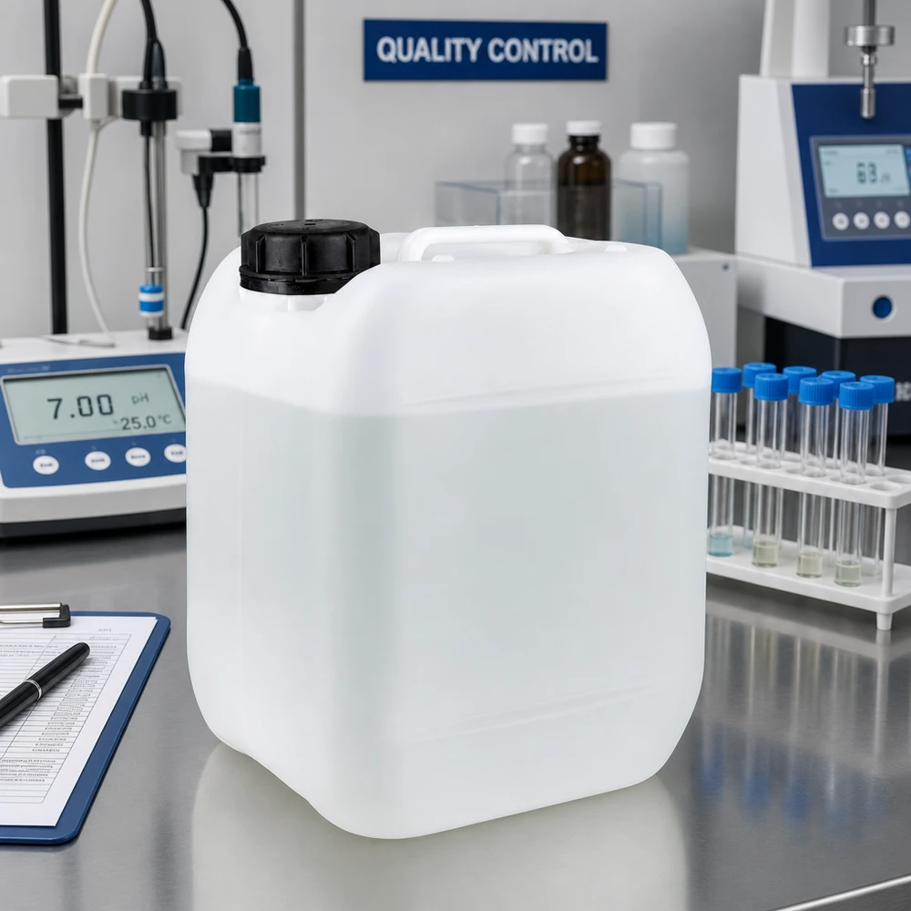 Recipiente resistente para productos químicos de 5 litros, fabricado en HDPE, con tapón de rosca a prueba de fugas, en un laboratorio de calidad