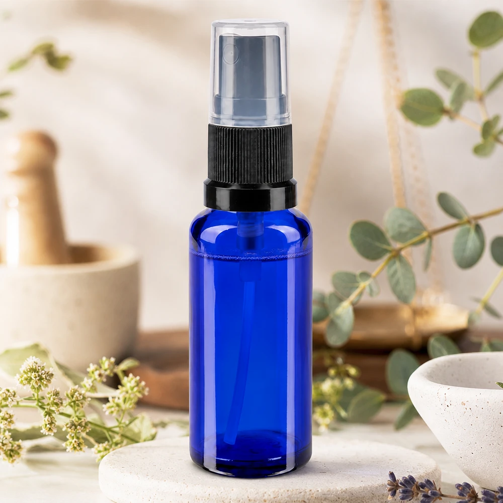 Pequeño frasco pulverizador de 30 ml, de cristal de farmacia azul cobalto, con pulverizador de rosca negro