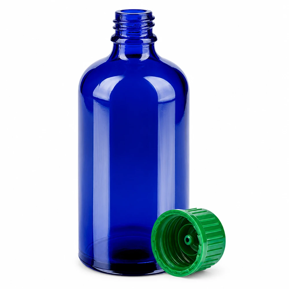 Botella de vidrio azul de 100 ml serie BlueLine con rosca de 11 mm y tapón verde UT18/100