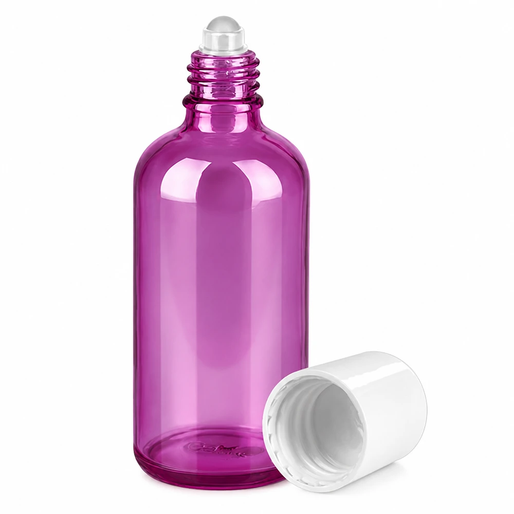 Frasco de cristal morado de 100 ml con aplicador roll-on para una aplicación precisa de aceites y sueros