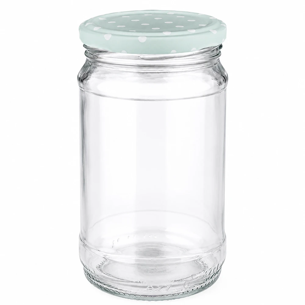 Frasco redondo de cristal de 370 ml con tapa a lunares de color menta BasicSeal de UNiTWIST, vacío, sobre fondo blanco