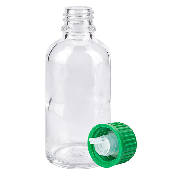 Frasco cuentagotas de 50 ml y 0,8 mm de color verde con cierre estándar ClearLine UT18/50 Frasco cuentagotas de 50 ml y 0,8 mm de color verde con cierre estándar ClearLine UT18/50