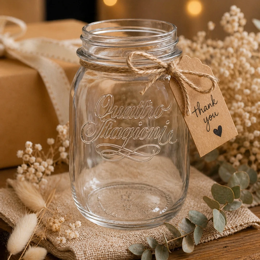 Tarro redondo de 500ml "Quattro Stagioni" QS70mm Tarro doméstico Quattro Stagioni de 500 ml con etiqueta de agradecimiento sobre una mesa de madera rústica decorada con flores secas