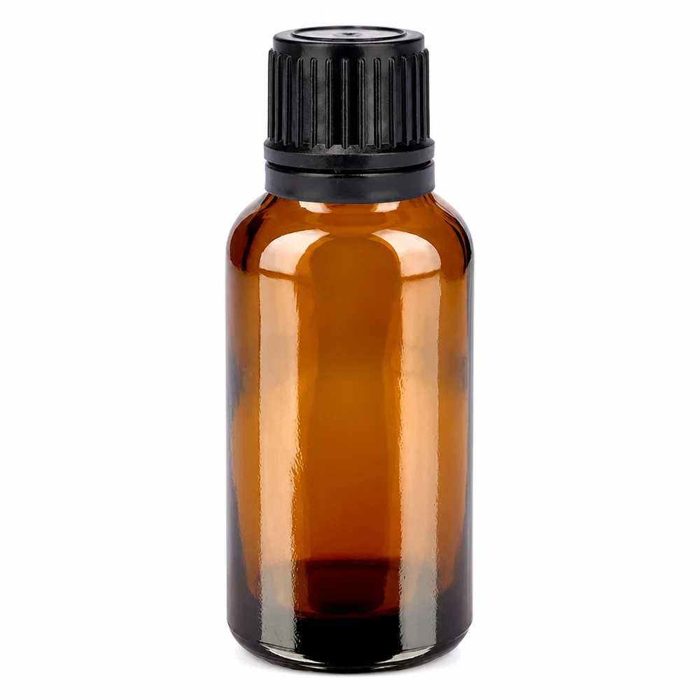 Frasco de vidrio marrón de 30 ml con tapón negro para aceites esenciales y cosméticos