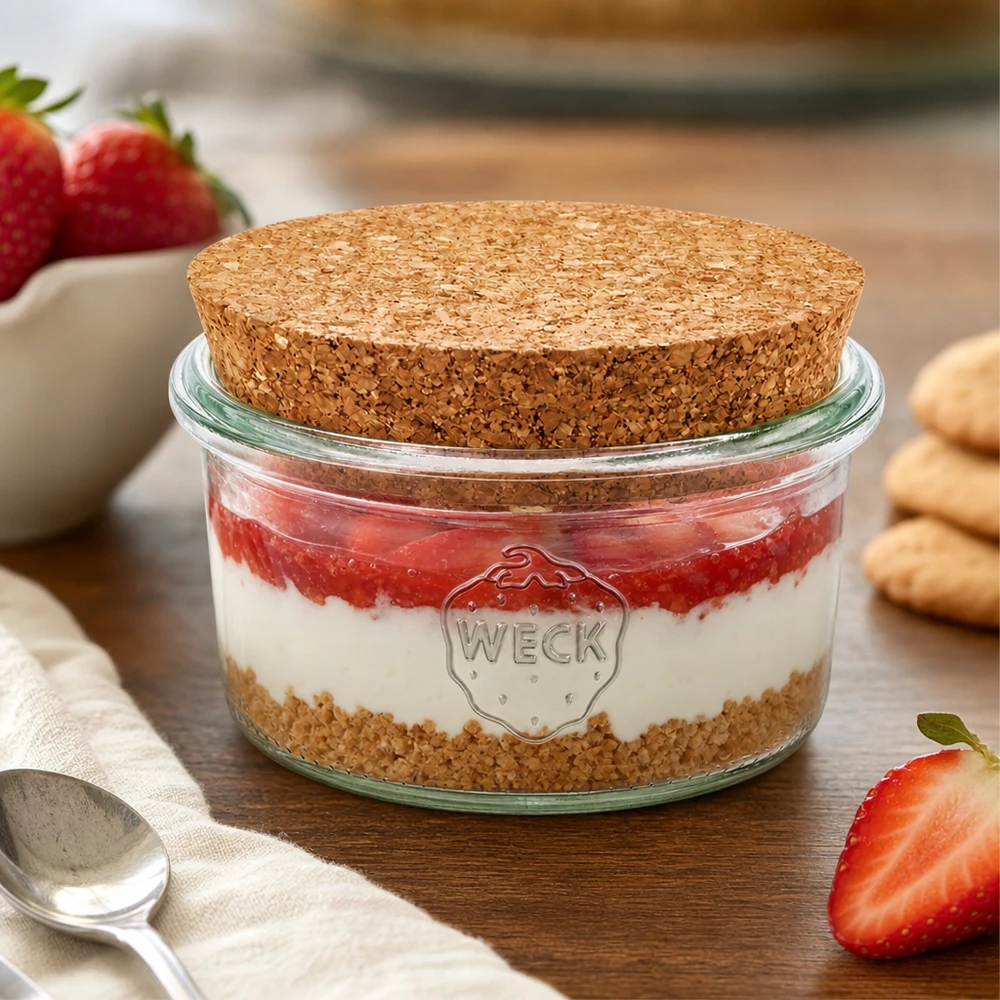 Vaso 165ml WECK RR80 con corcho natural WECK Sturzglas 165ml mit Korkdeckel als Dessertglas für Erdbeer-Tiramisu dekoriert mit frischen Erdbeeren