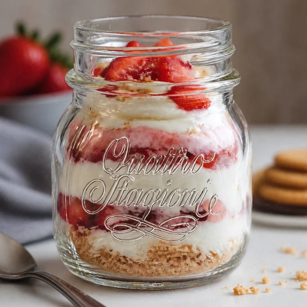 Vaso redondo 150ml "Quattro Stagioni" QS56mm Copa doméstica Quattro Stagioni de 150 ml rellena de un postre a capas de fresas y nata sobre una encimera de cocina blanca