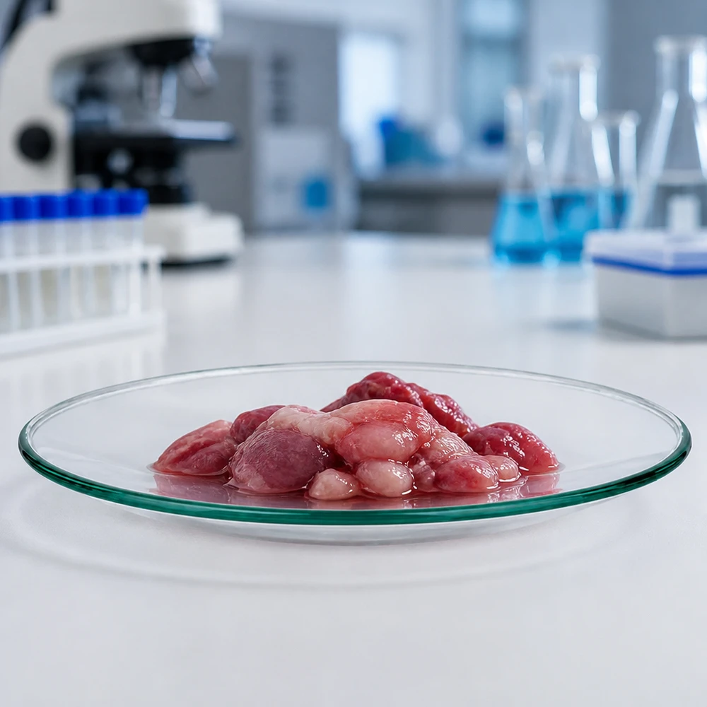 Plato de vidrio en forma de reloj ø80 mm Ver plato de vidrio 80mm con muestras orgánicas en un ambiente estéril de laboratorio para pruebas microbiológicas