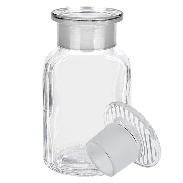 Botella transparente de hombros redondeados de 100 ml con tapón de cristal y cuello ancho para laboratorio y farmacia