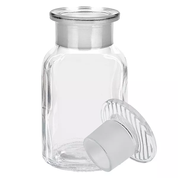 Botella transparente de hombros redondeados de 100 ml con tapón de cristal y cuello ancho para laboratorio y farmacia