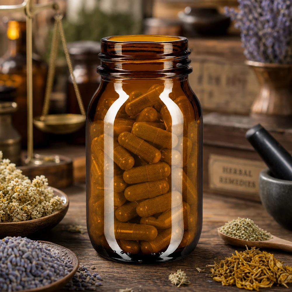 100ml botella de vidrio ámbar de cuello ancho Botella de vidrio ámbar de 100 ml con función de cuello ancho ideal para complementos alimenticios y hierbas aromáticas