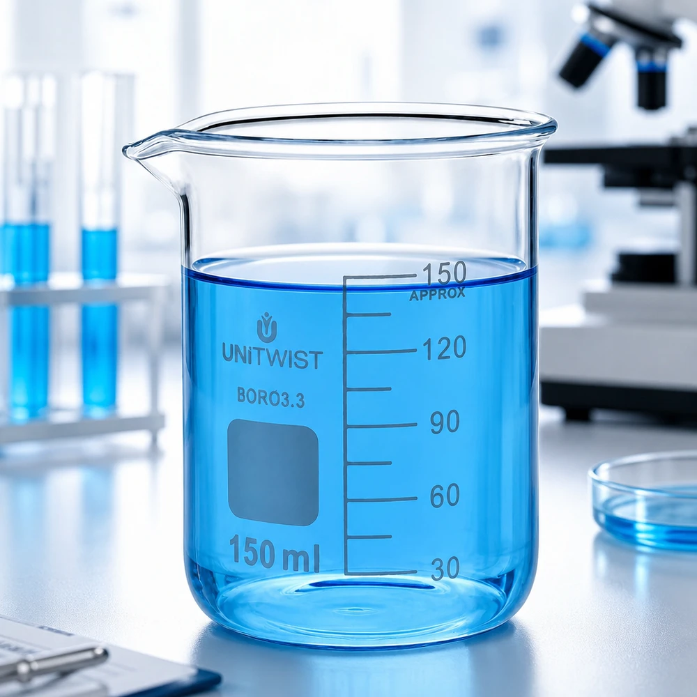 Vaso 150 ml borosilicato, molde bajo UNiTWIST Vaso de precipitados UNiTwist de 150 ml, de borosilicato 3.3, de forma baja, con líquido azul en el laboratorio