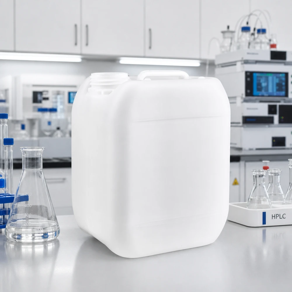 Jerrycan 5 litros sin tapón Bidón vacío de 5 litros sin tapón sobre una encimera de laboratorio blanca, junto a un matraz Erlenmeyer