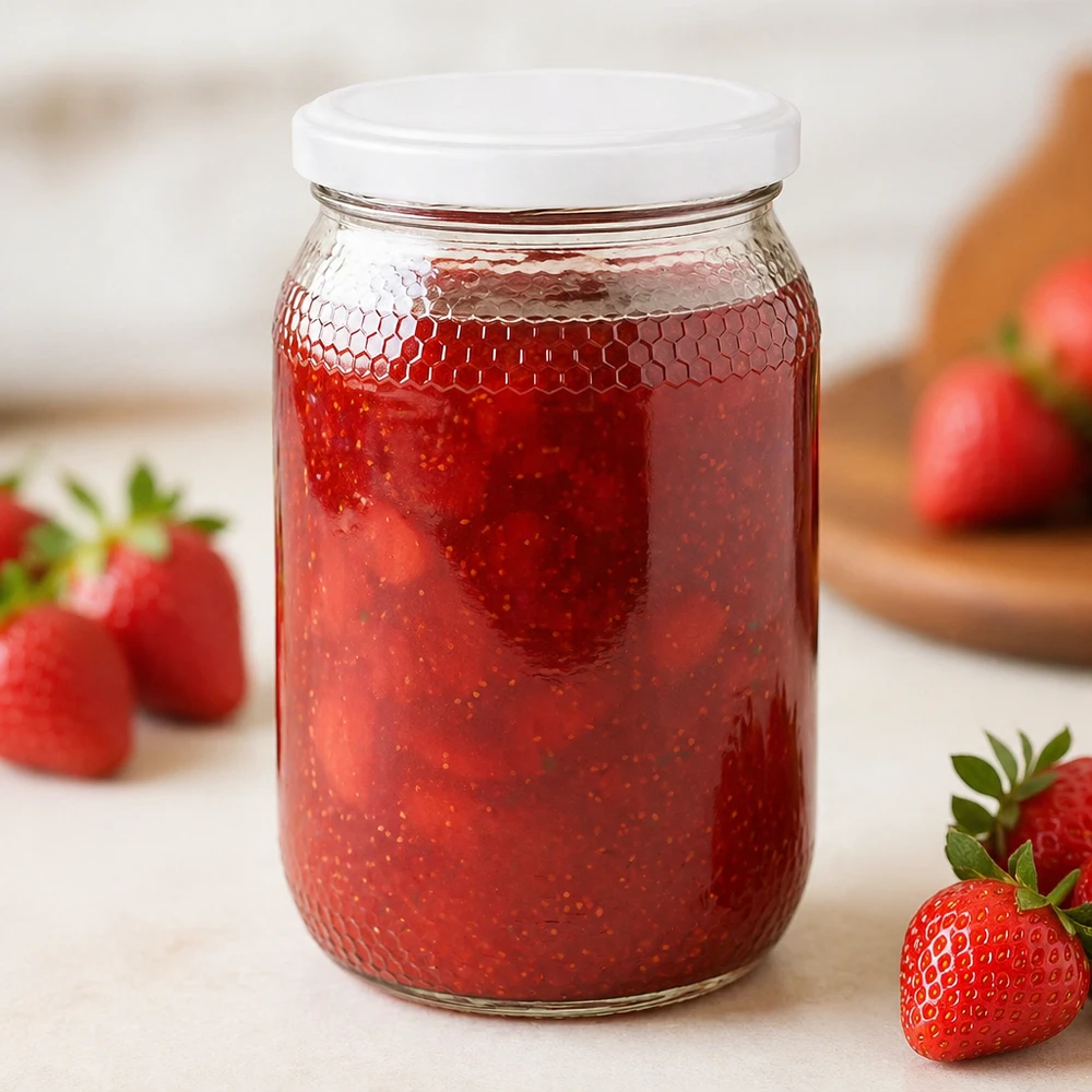 Tarro de miel de 900 ml lleno de mermelada de fresa demuestra la idoneidad para mermeladas Tapa BasicSeal UNiTWIST