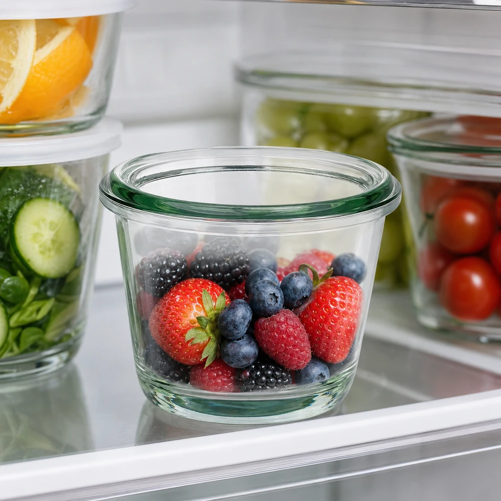 Tarro gourmet RR60 de 80 ml de WECK con bayas frescas en el frigorífico junto a otros recipientes de cristal para guardar alimentos