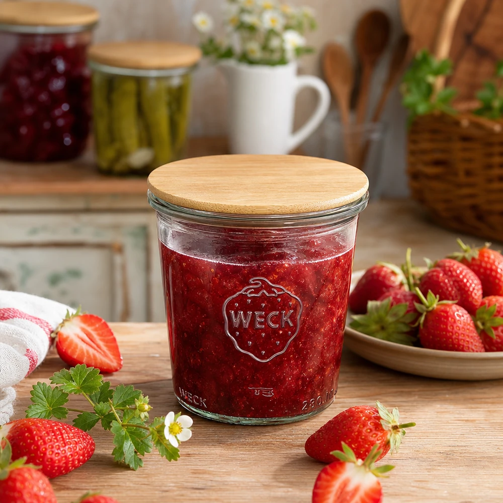 Tarro de conserva WECK de 290 ml con tapa de bambú lleno de mermelada de fresa rodeado de fresas frescas sobre una mesa de madera