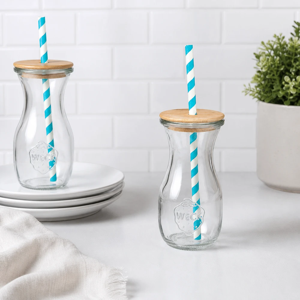 2 botellas de vidrio WECK 290ml tapa de madera turquesa-blanco pajitas ecológicas decoración de cocina azulejos blancos plato planta