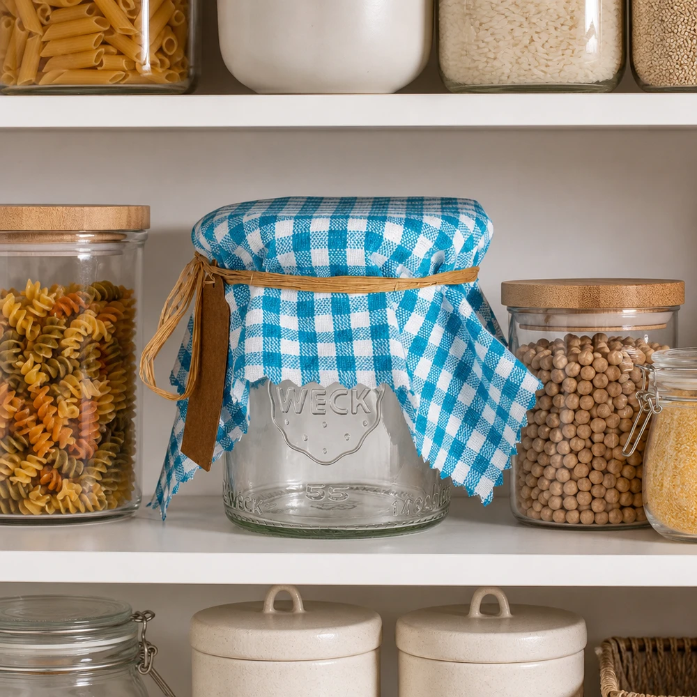Alfombra de tela a cuadros turquesa colocada en un estante entre la pasta y las legumbres en la despensa de la cocina.
