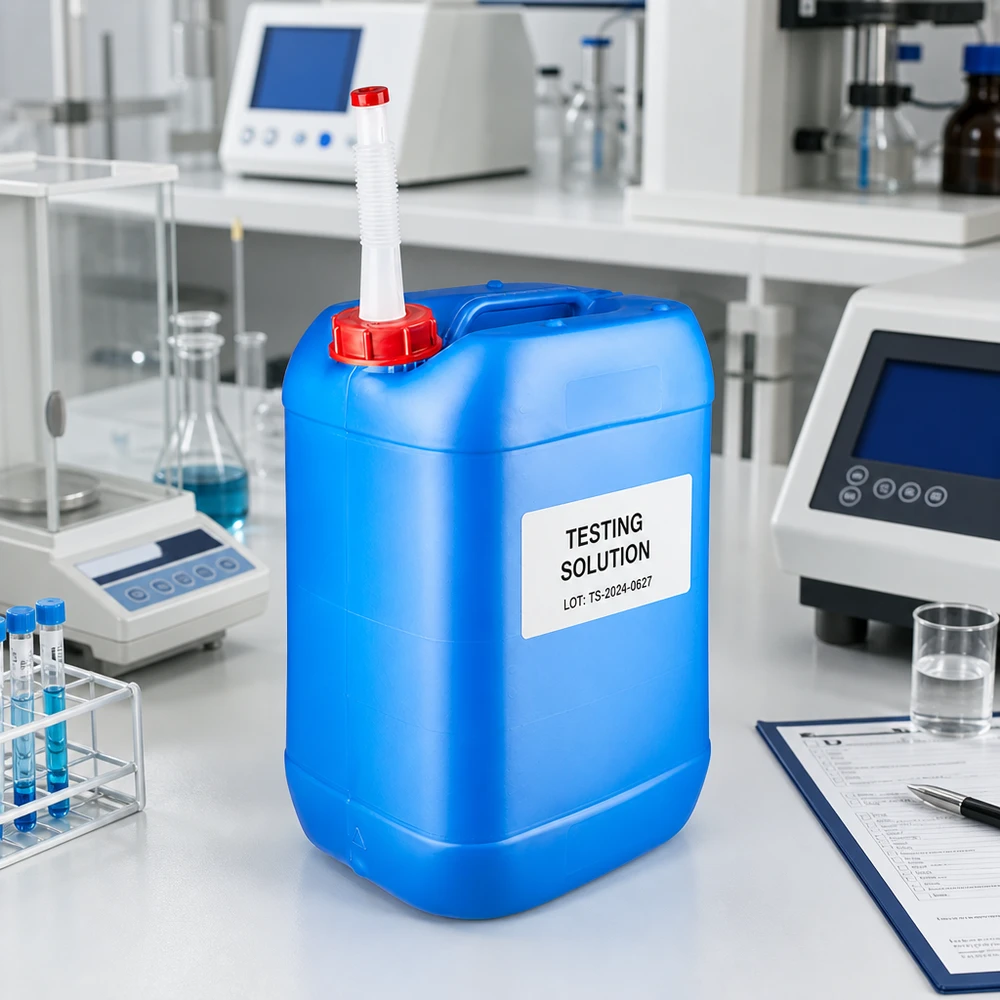 Bidón azul de 25 litros con tubo de salida flexible y etiqueta para solución de ensayo en entornos de laboratorio