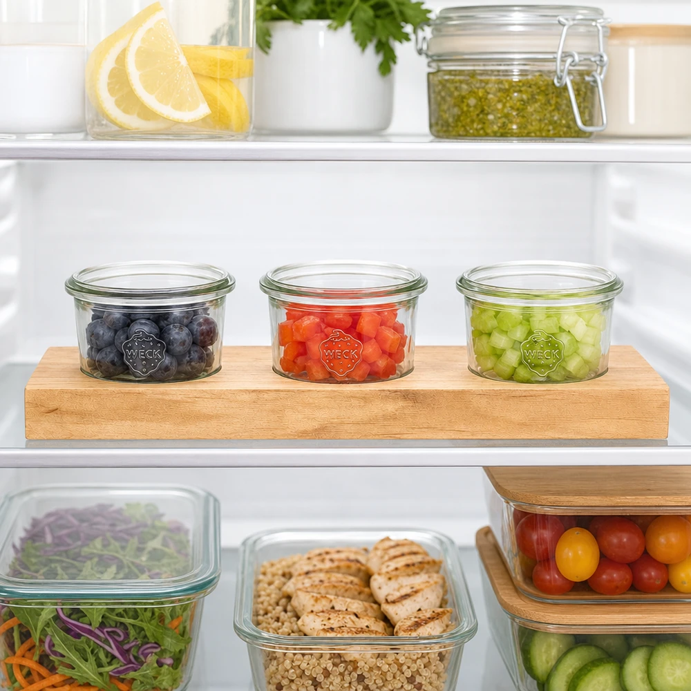 Bandeja de servicio Plano3 con vasos Weck de 80 ml en el frigorífico para el almacenamiento organizado de bayas y verduras