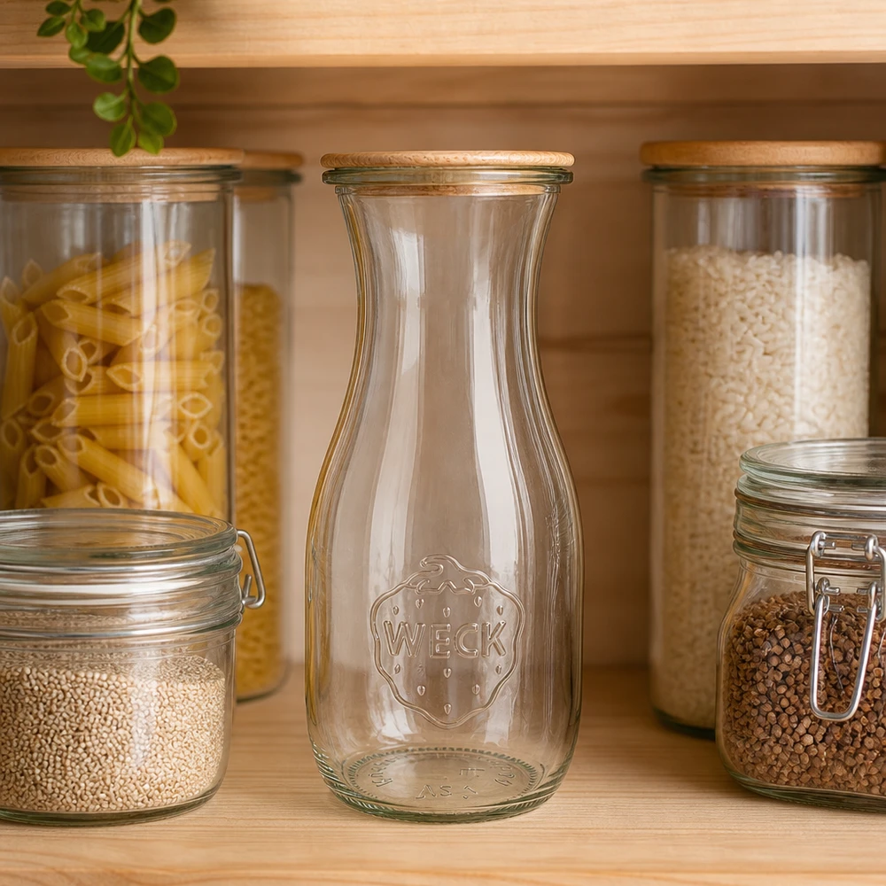 Botella de zumo WECK RR60 de 530ml con tapa de madera WECK botella de zumo 530ml RR60 vacía entre tarros de almacenamiento con pasta y arroz en cocina organizada con estantes de madera