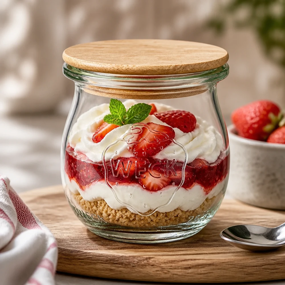 Tarro de tulipán de 75ml WECK RR40 con tapa de madera WECK tarro tulipán 75ml RR40 tarro de postre con tapa de bambú lleno de postre de fresa y nata sobre una mesa de madera