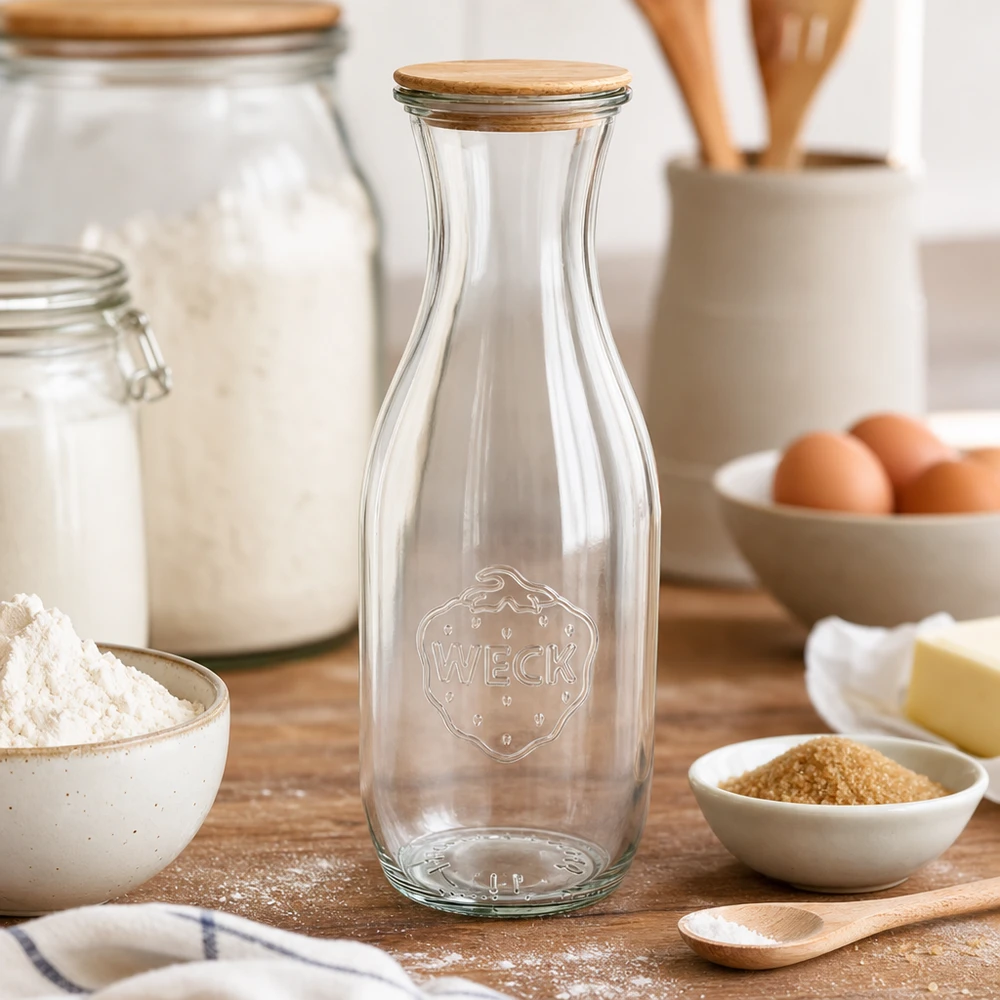 Botella de zumo WECK de 1062 ml con tapa de madera sobre la mesa de la cocina entre ingredientes para hornear como harina, huevos y mantequilla.