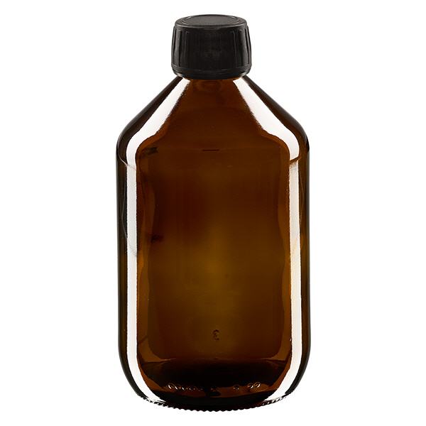 Frasco para medicamentos de 500 ml, marrón, tapón negro con anillo de seguridad ApoGlas Frasco para medicamentos de 500 ml, marrón, tapón negro con anillo de seguridad ApoGlas