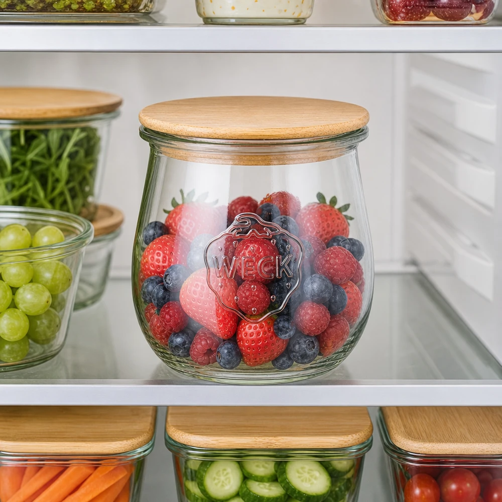 220ml tarro tulipán WECK RR60 con tapa de madera WECK Tulpenglas 220ml mit Holzdeckel zur Aufbewahrung von Beeren im Kühlschrank - Frischhalteglas für Obst