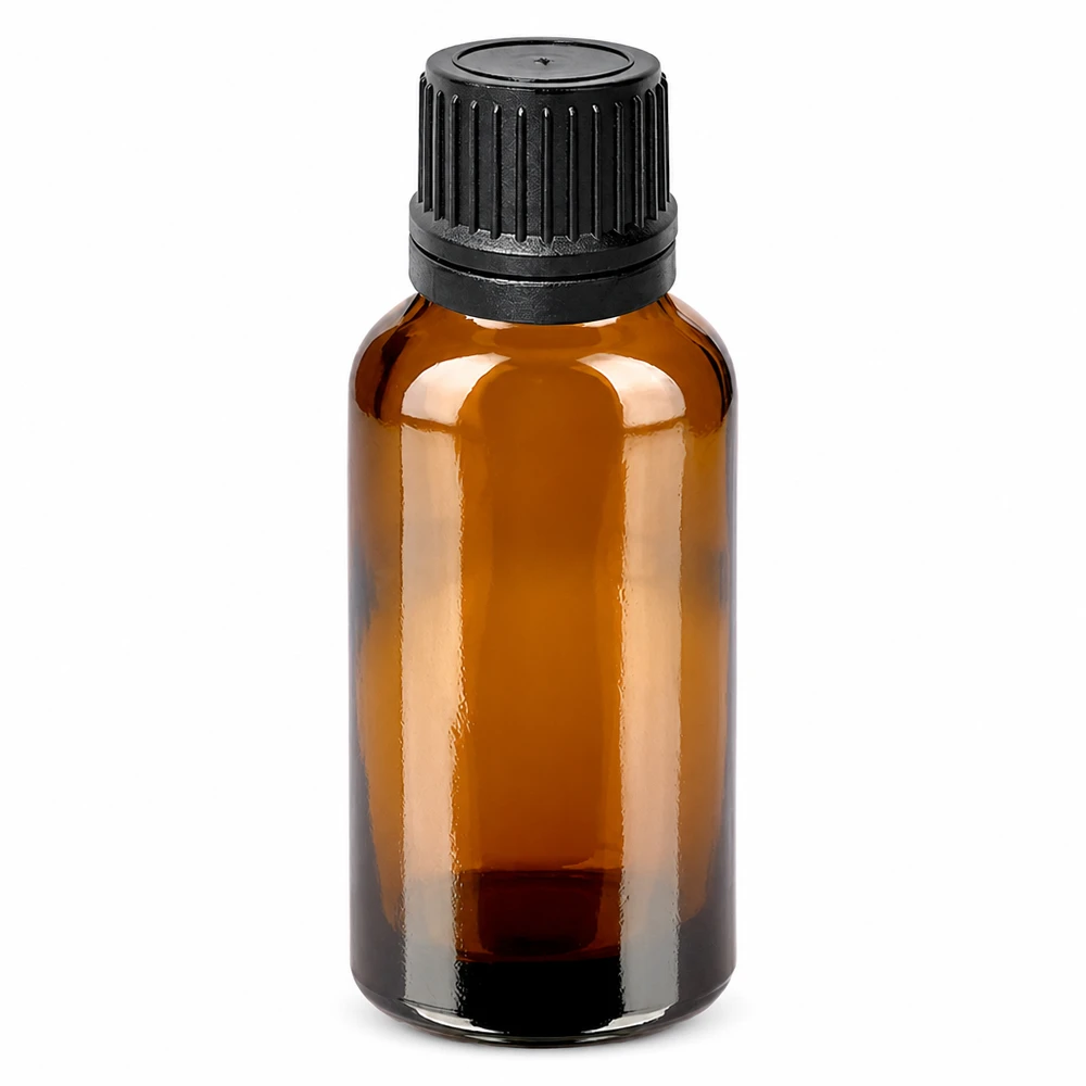 Frasco de vidrio marrón de 30 ml con tapón cuentagotas negro para aceites esenciales y tinturas