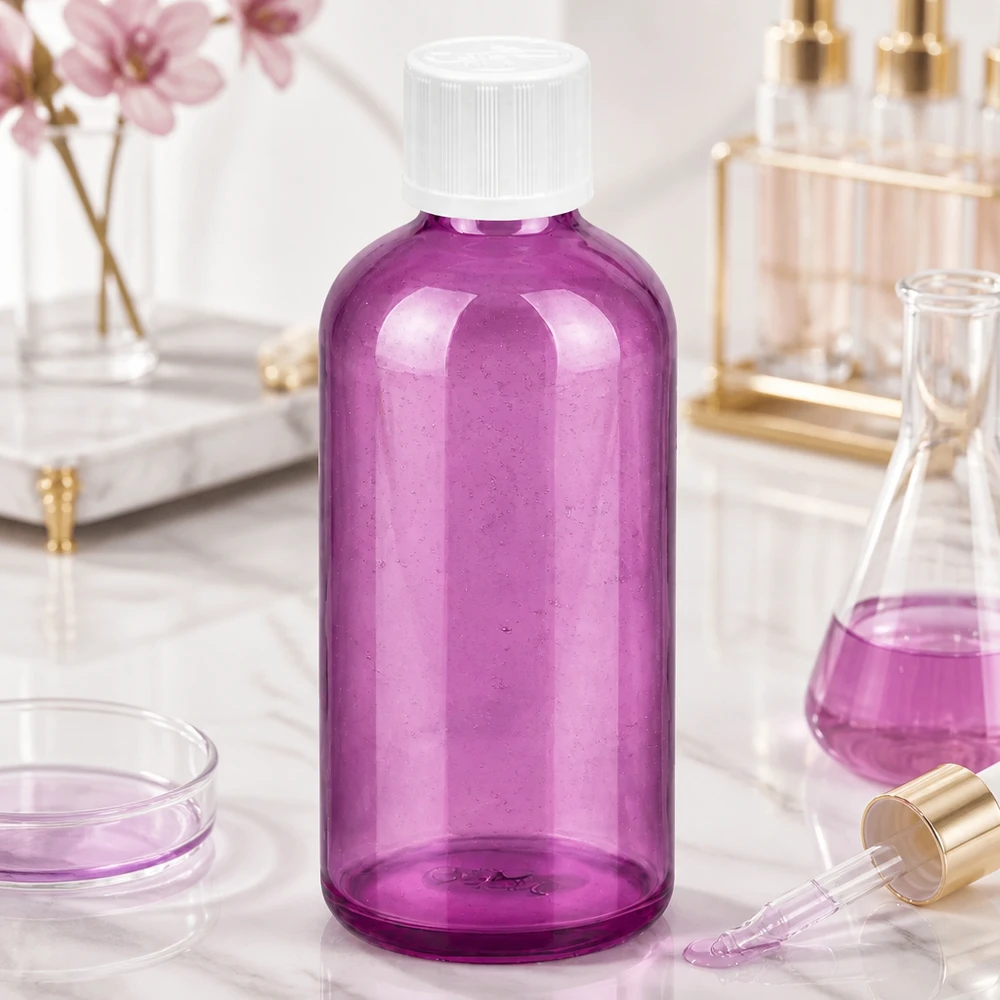 Elegante frasco para cosméticos de 100 ml en color morado con gotero fino de 1,2 mm para sueros y aceites