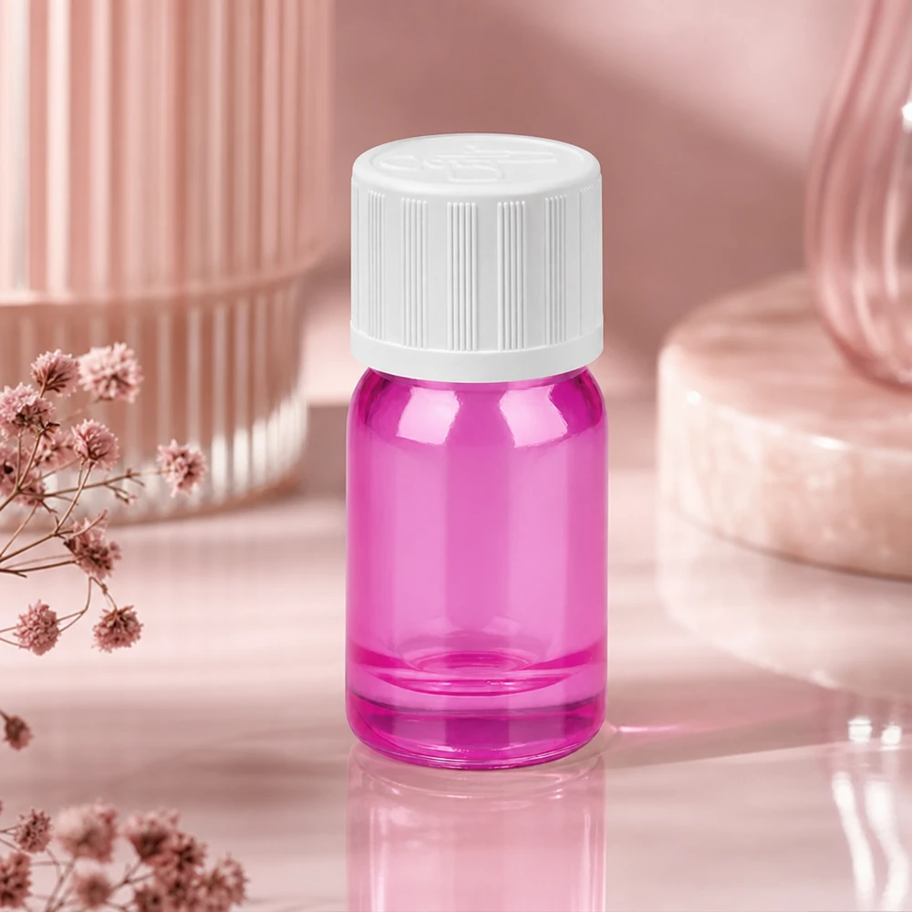 Botella de 5ml tapón de rosca de 11mm blanco estándar a prueba de niños PurpleLine UT18/5 Pequeño frasco de aromaterapia de 5 ml de color morado brillante con tapón a prueba de niños para uso diario