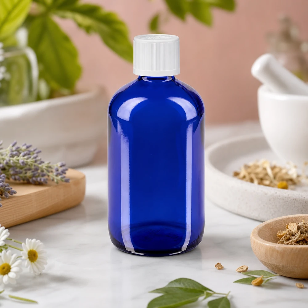 Frasco de farmacia azul de 100 ml con gotero, rodeado de hierbas, lavanda y flores de manzanilla