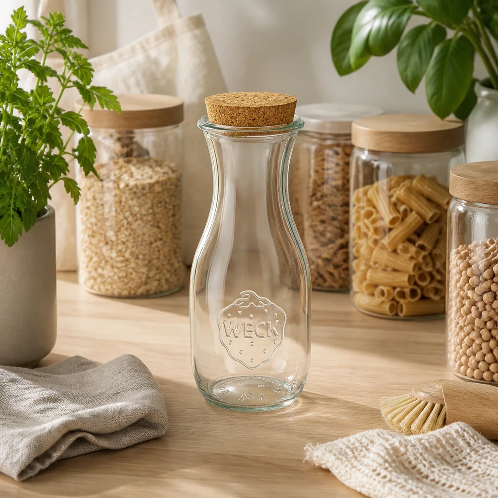 530ml botella de jugo WECK RR60 con corcho natural Botella de zumo WECK 530ml RR60 con corcho en cocina sostenible de residuo cero entre tarros de almacenaje y plantas verdes